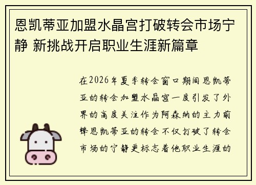 恩凯蒂亚加盟水晶宫打破转会市场宁静 新挑战开启职业生涯新篇章